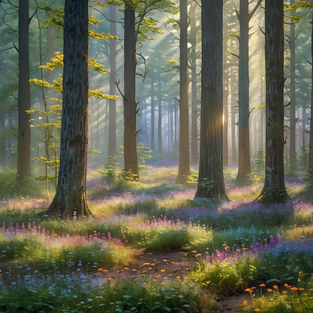 Foggy Forest Landscape with Wildflowers in Impressionist Sty...