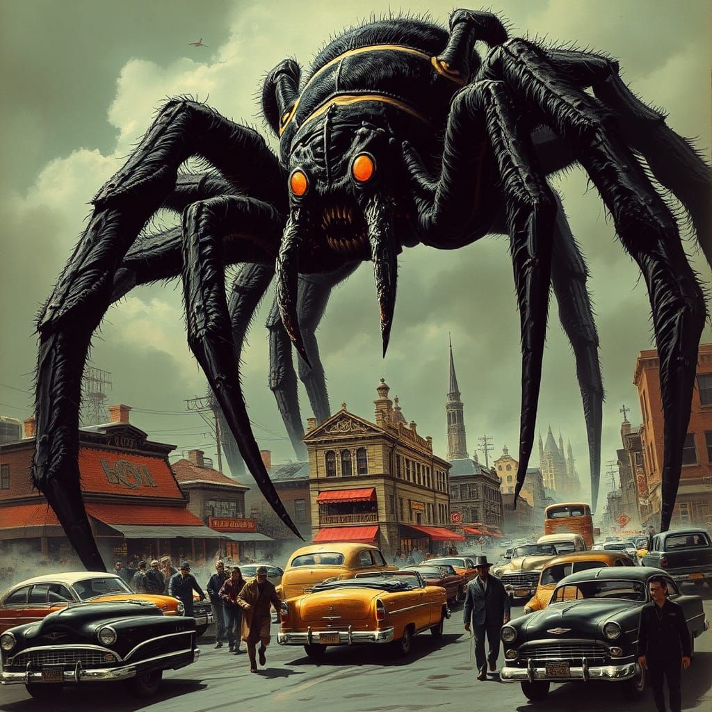 Giant Tarantula Terrorizes City in Dark Fantasy Style