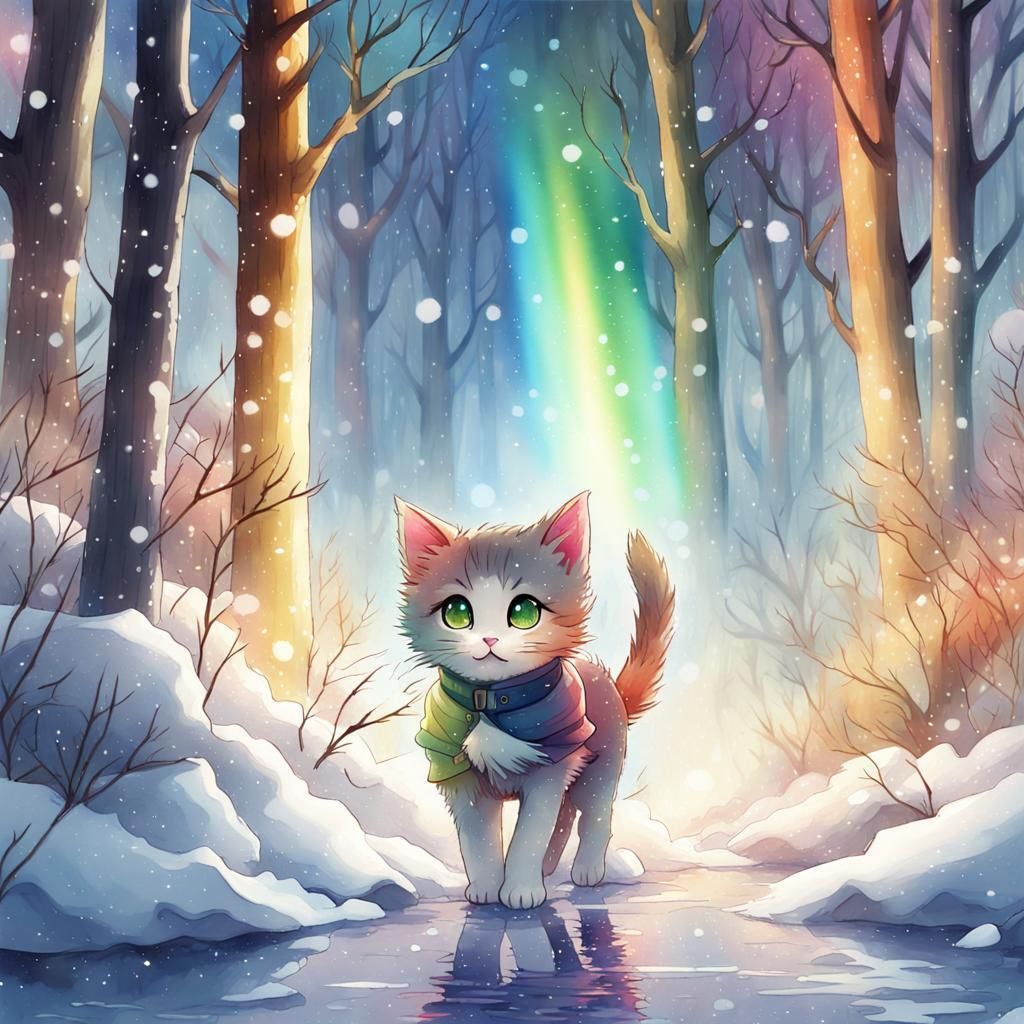 Kitten in Snowy Forest Illustration with Anime Style