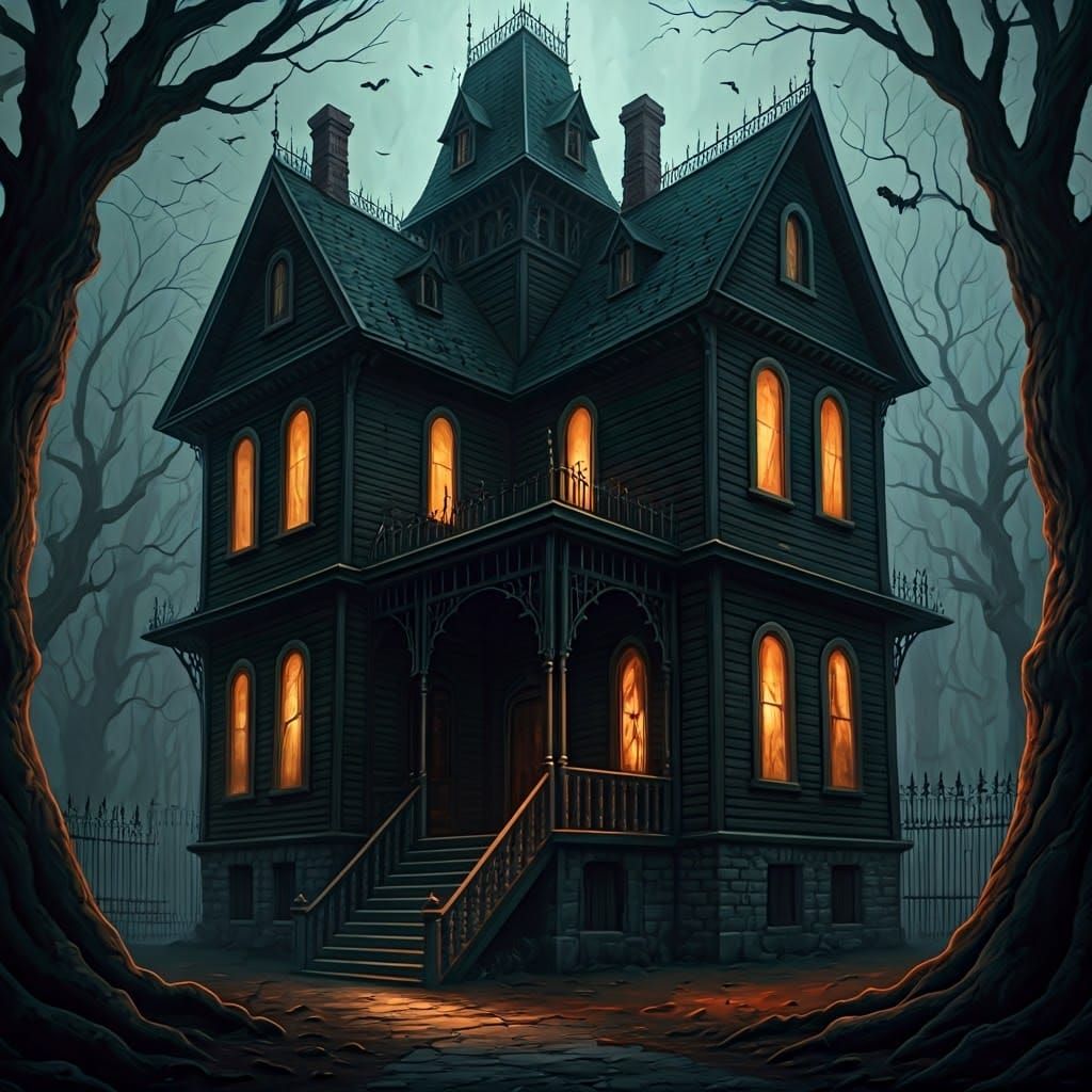 Scary Haunted House with Shadowy Figures, Hyper-Detailed