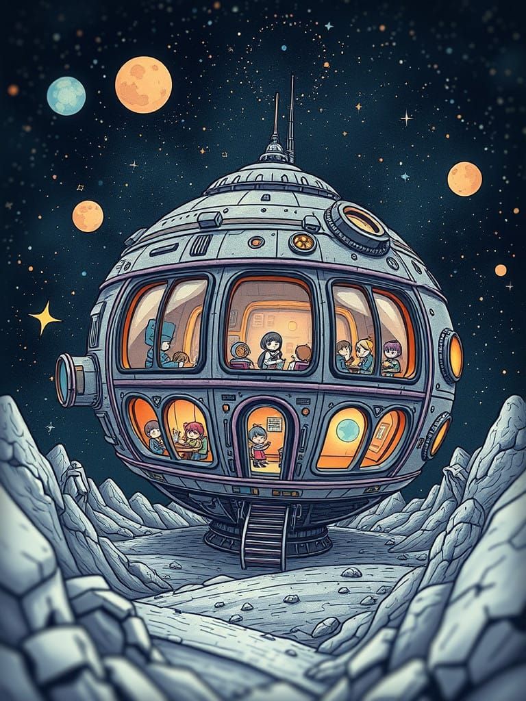 Whimsical Space Station in Retro Sci-Fi Style