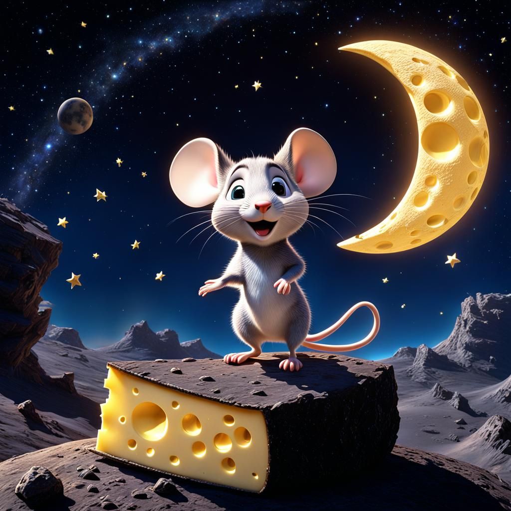 Mouse on the Moon Chasing Cheese in Pixar Style