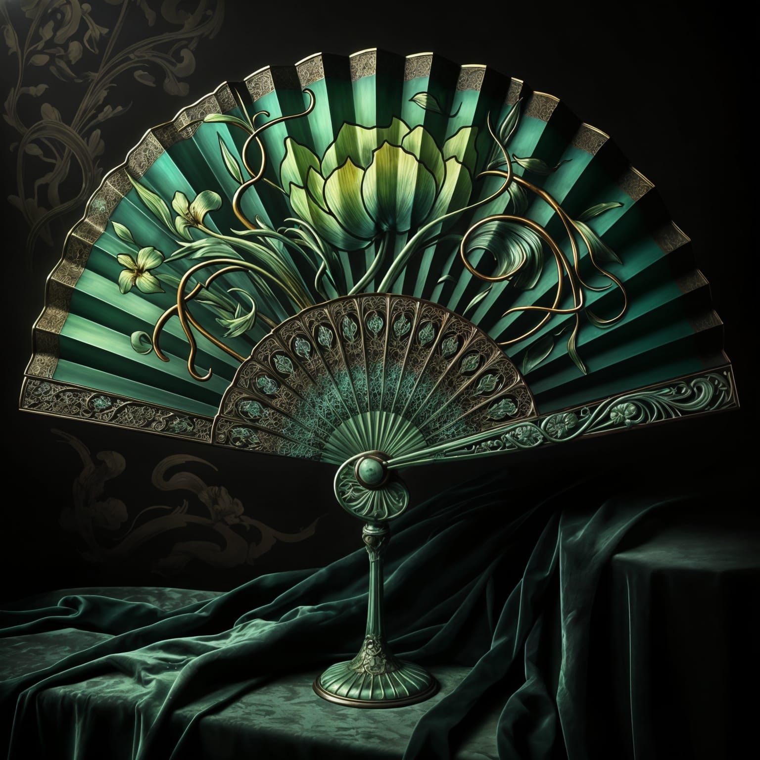 Art Nouveau Hand Fan: A Verdant Botanical Masterpiece