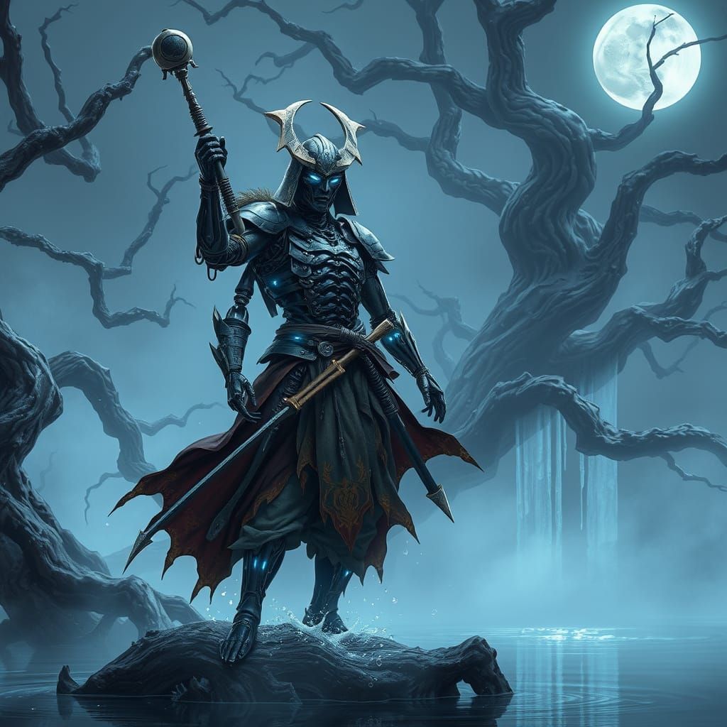 Cyber Samurai Embracing Lunar Power