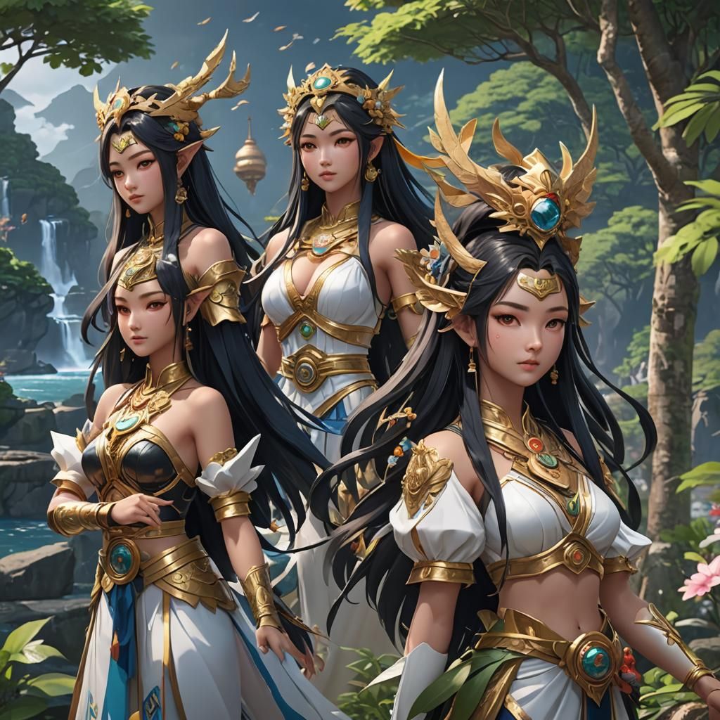 Anime-Style Island Goddesses in Detailed 3D Rendering