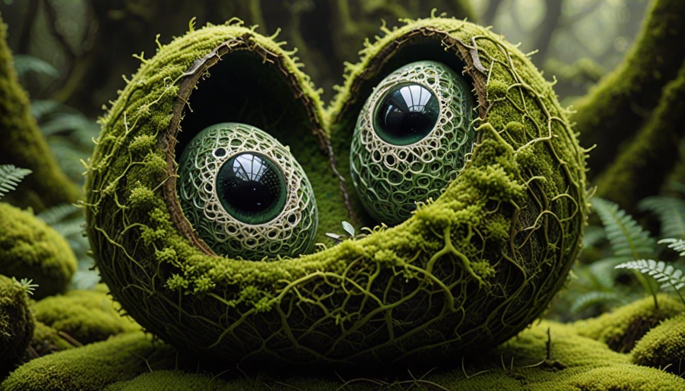 Enigmatic Moss Egg in Dreamlike Landscape