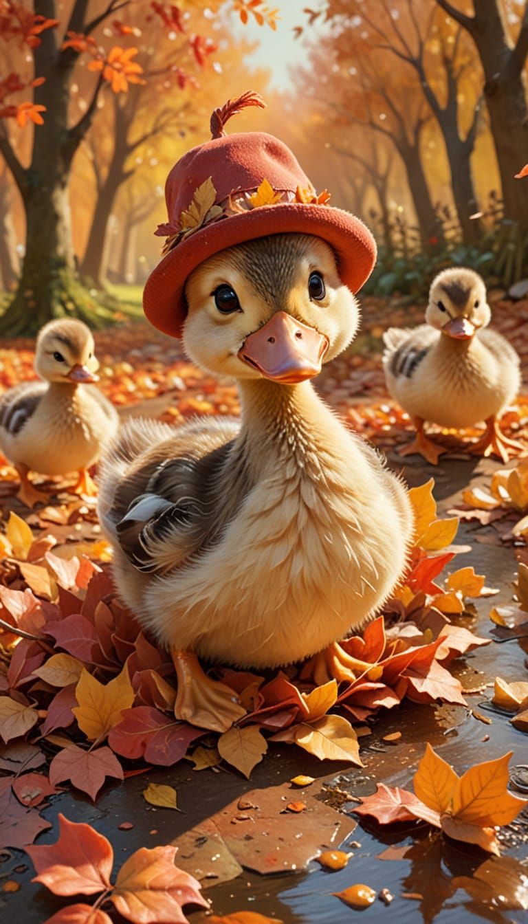Cartoon Ducklings Play in Autumn Leaves
