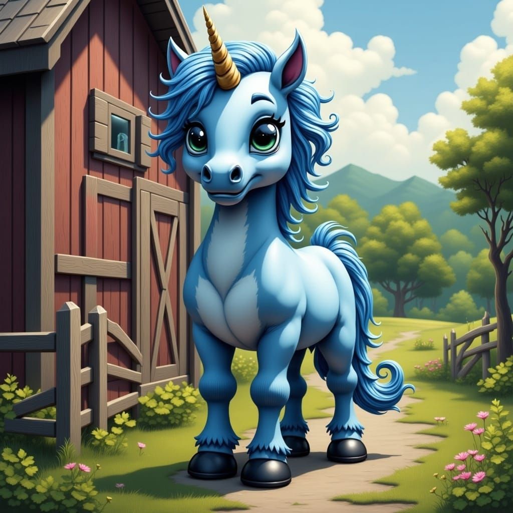 Giant Blue Unicorn in Farm Setting