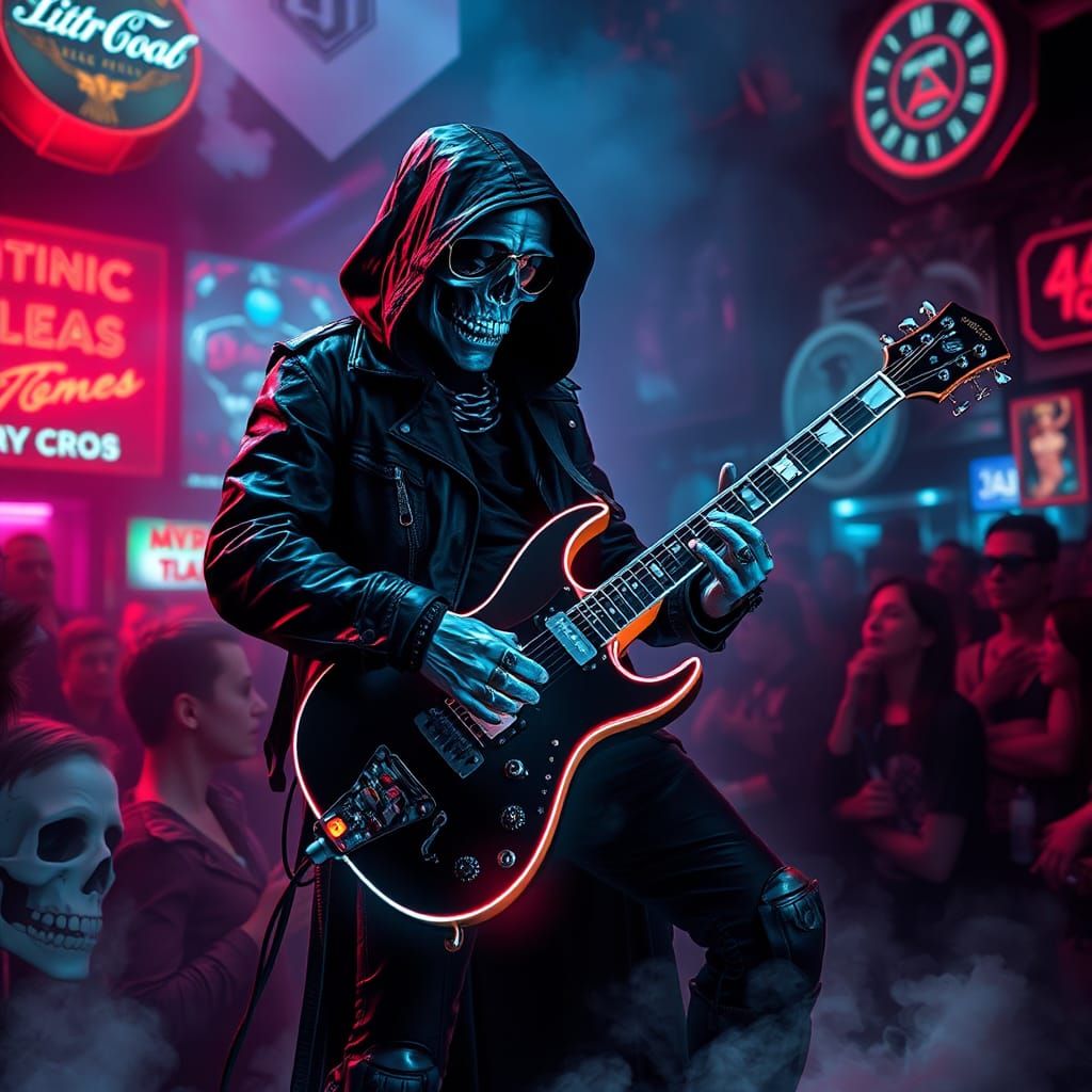 The Grim Reaper, clad in a black leather jacket and shades, shredding on a neon-lit electric guitar in a dark, crowded n...