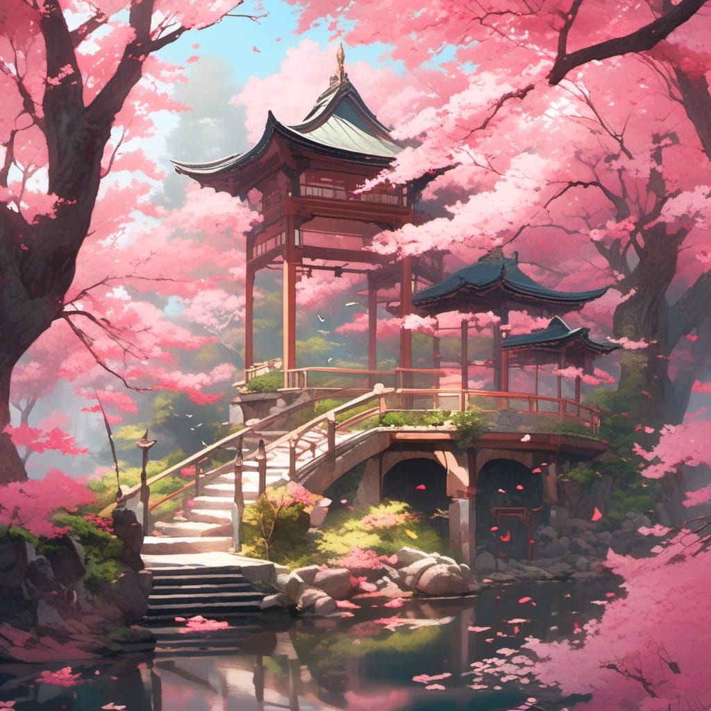 Sakura Garden Scene with Traditional Gazebo in Whimsical Pin...