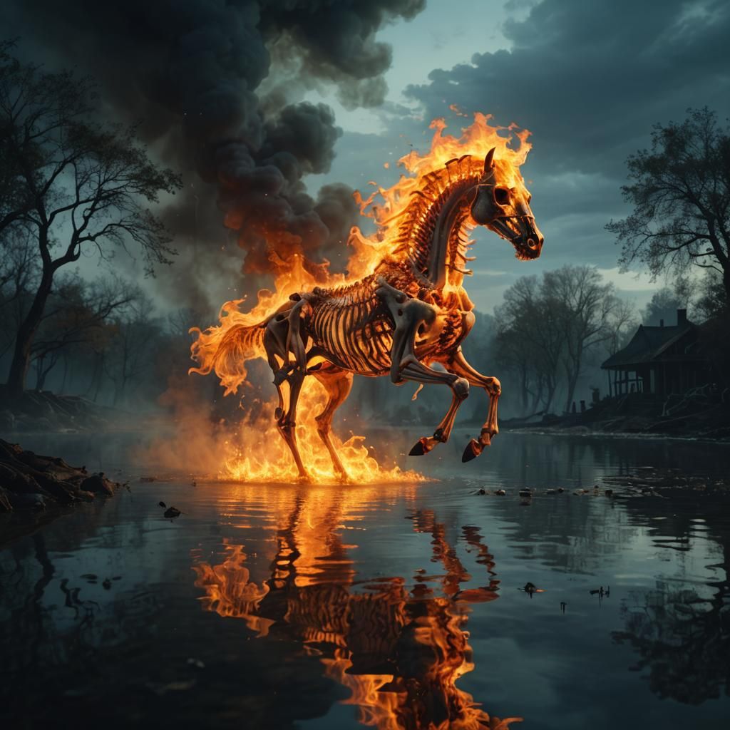 Fiery Horse Skeleton in Dark Fantasy Illustration