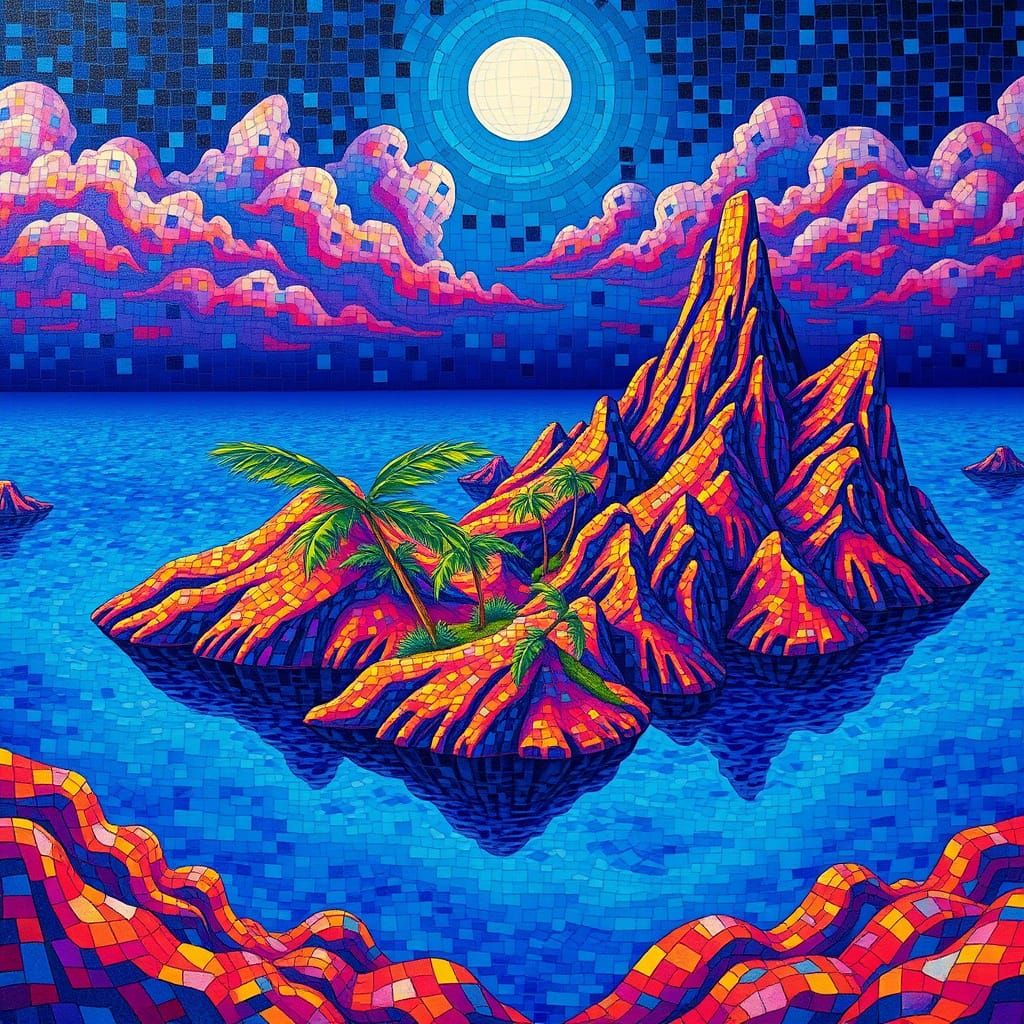 Dreamlike Palm Islands in Mosaic Rainbow Moebius Mountains