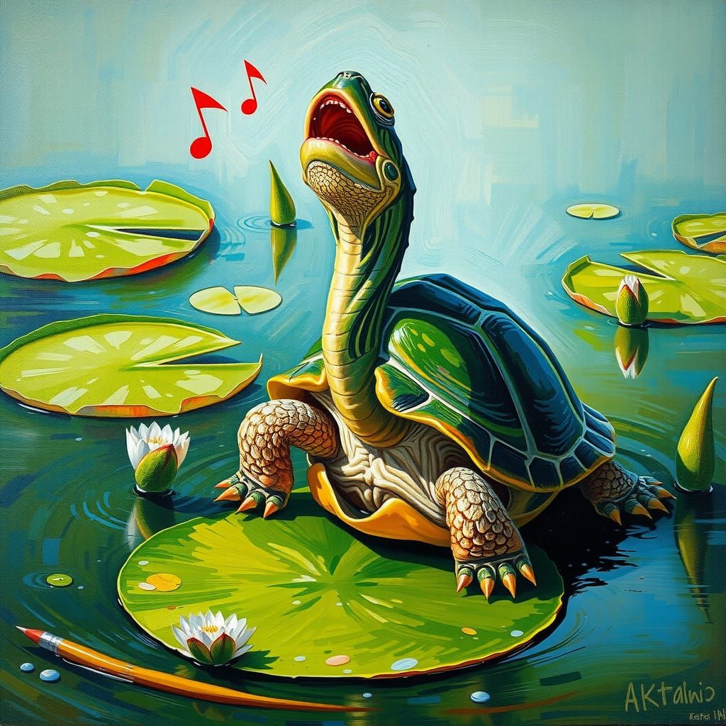 Singing Turtle on Lily Pad as Impasto Painting