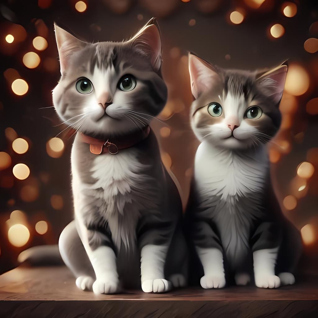 Charming Portrait of Two Cats with Floating Hearts
