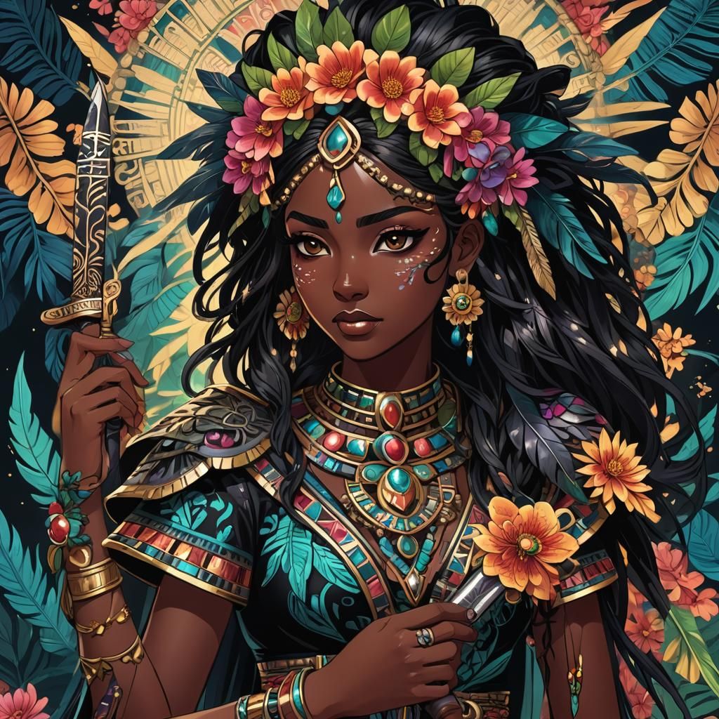 Anime Girl with Obsidian Sword in Mayan Style