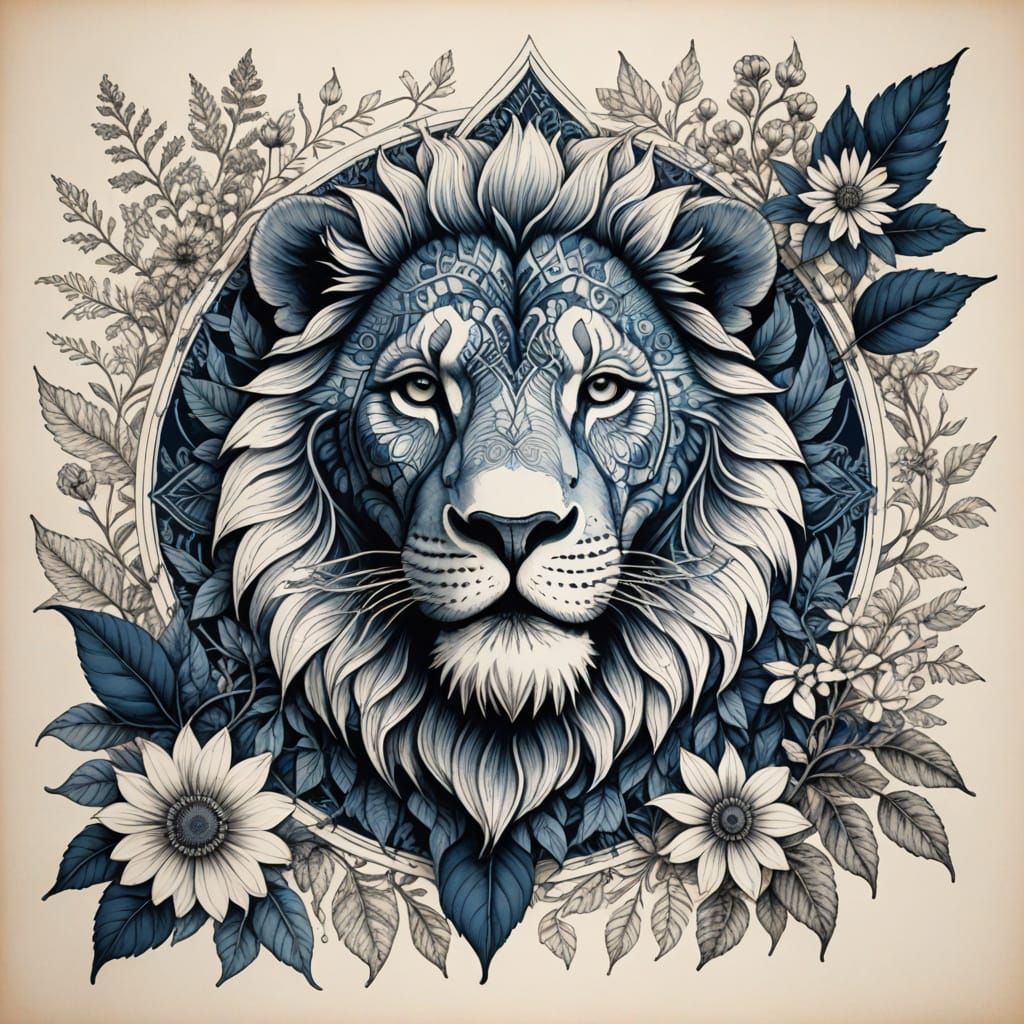 Lion and Floral Mandala in Pen and Ink