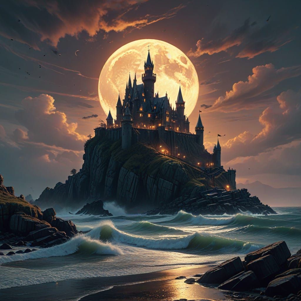 Midnightmoon Castle Seascape in Stunning 8K Resolution
