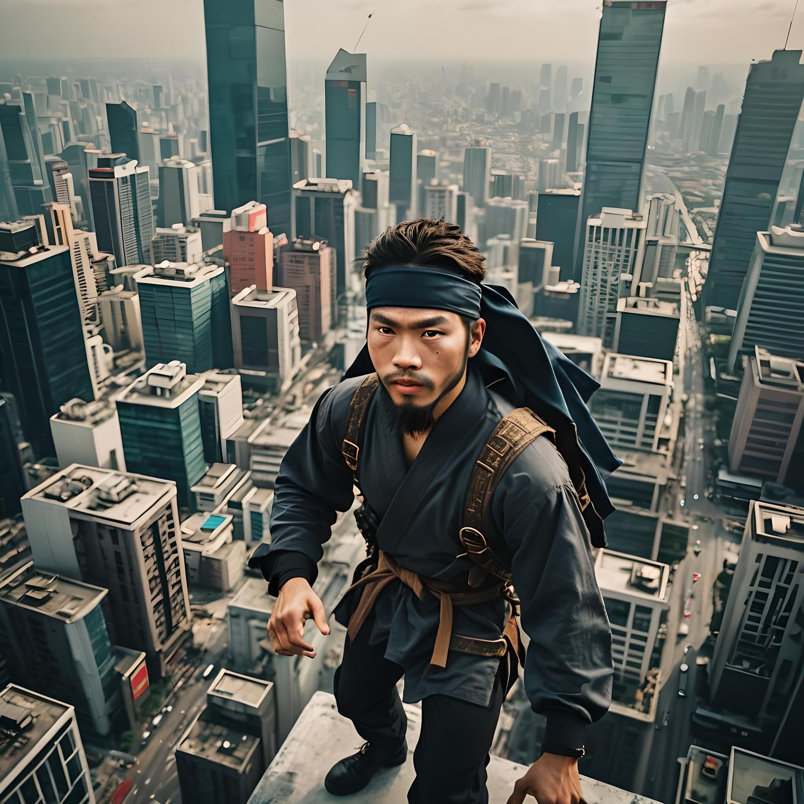 Happy Young Ninja on Skyscraper, Cinematic Film Still