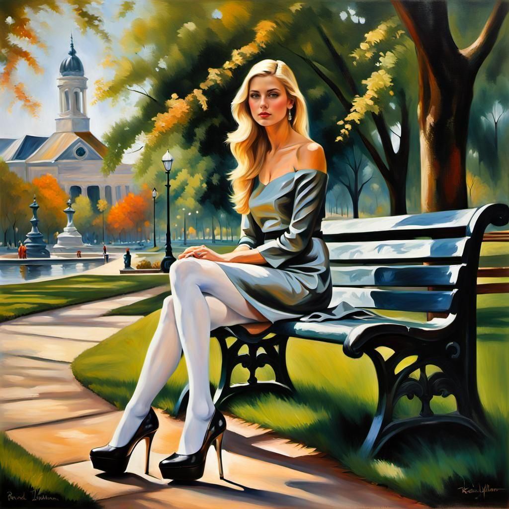 Blonde Woman in Park: Matte Oil Painting