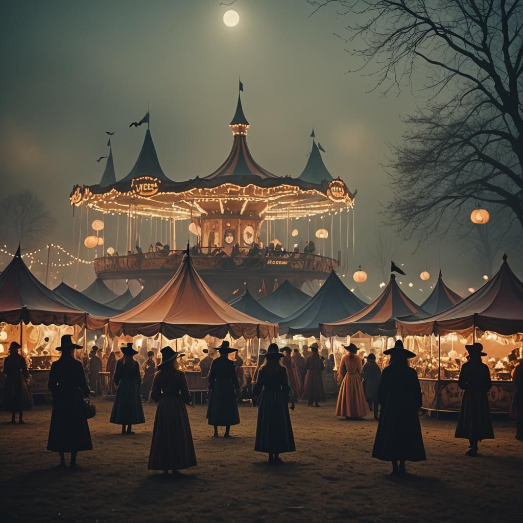 Witches at a Halloween Night Fair: Film Noir Style