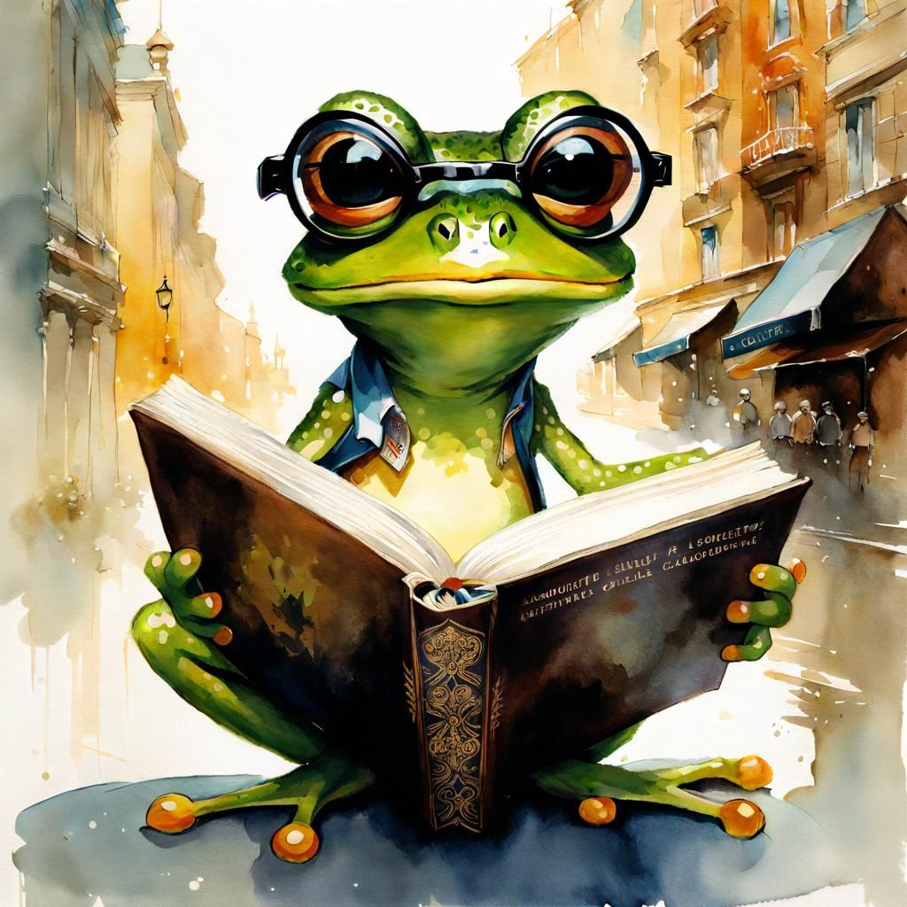 Chibi Frog Reading Book Watercolor Painting