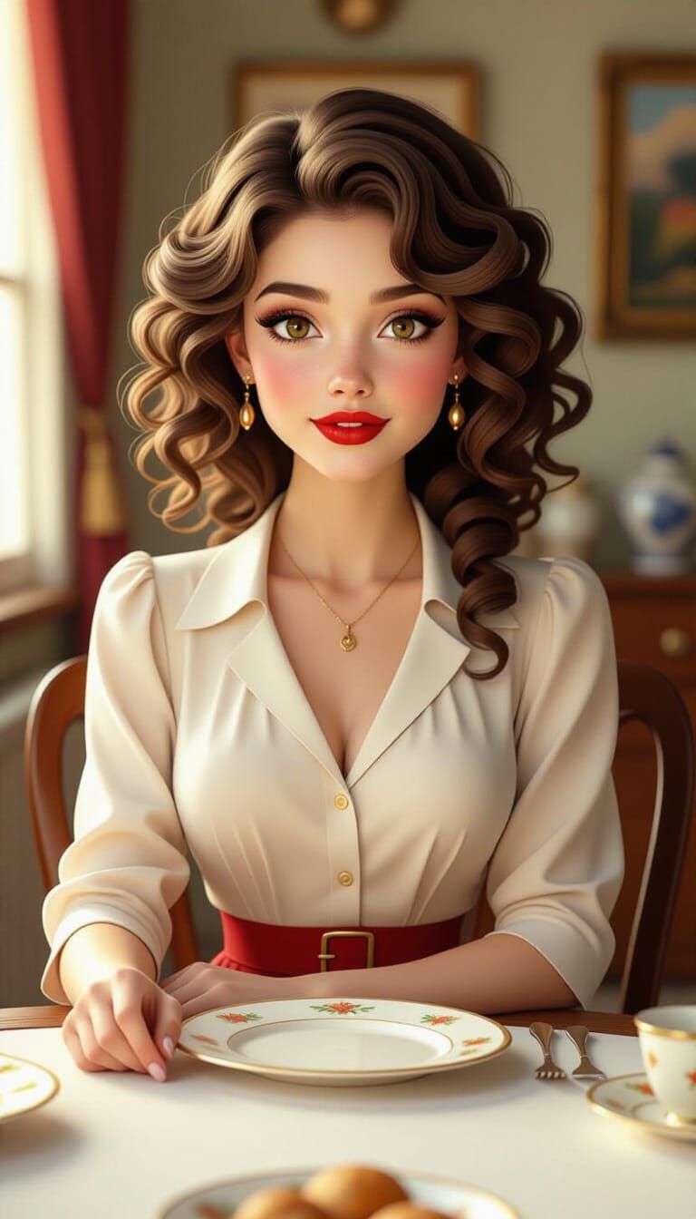 Elegant Woman at Dinner: 3D Digital Art Portrait