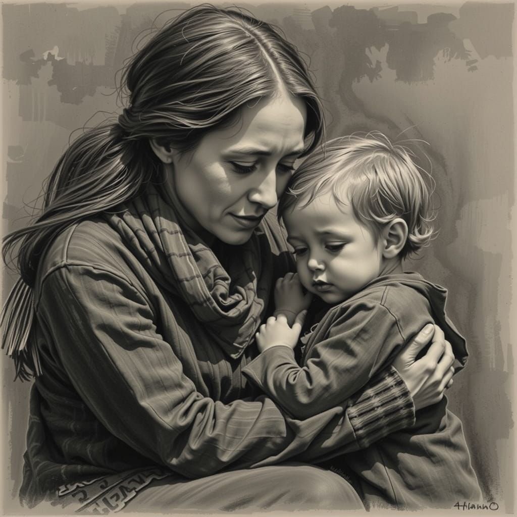 Motherly Comfort in Hyperdetailed Charcoal