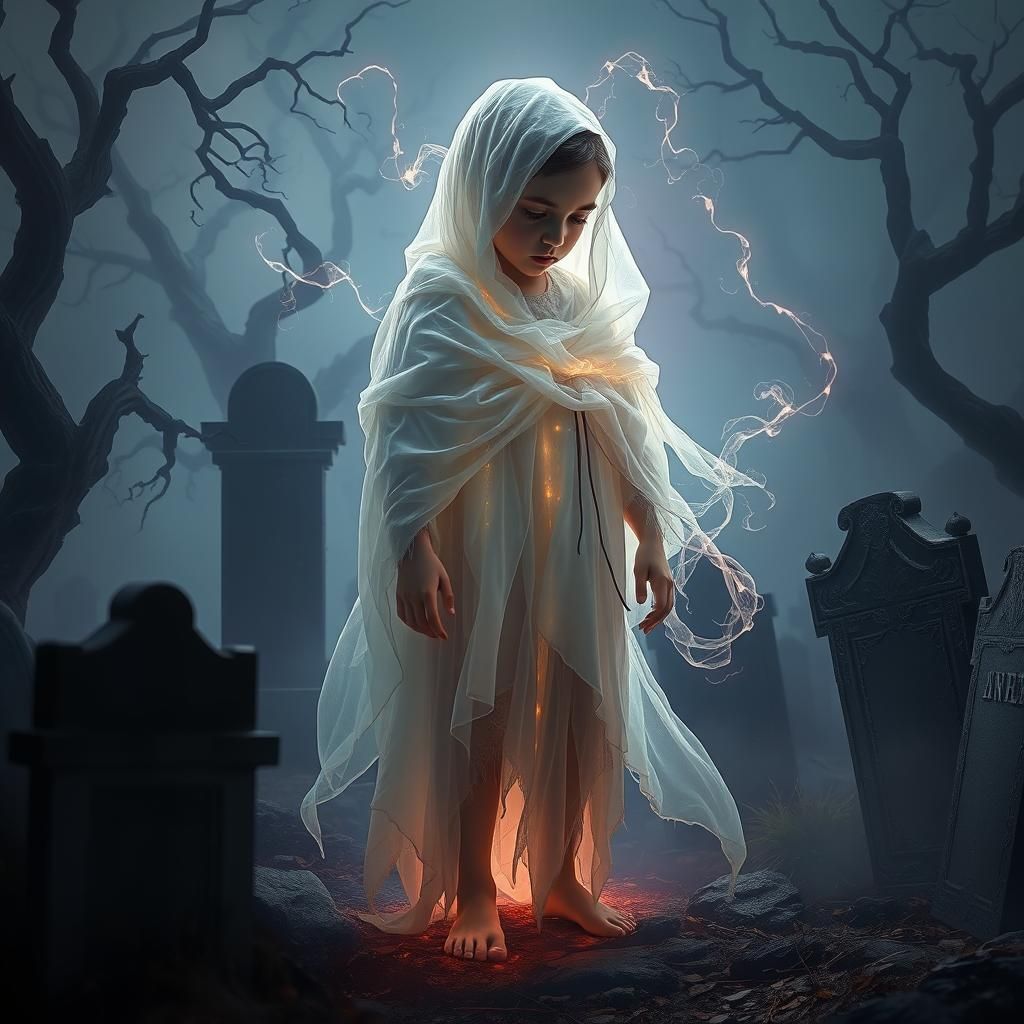 Ethereal Ghost Child in Haunted Graveyard Concept Art