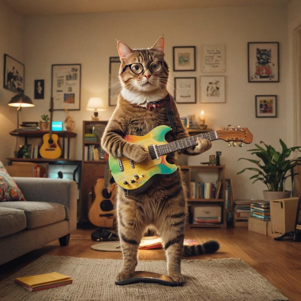 Guitar-Strumming Cat in Cozy, Humorous Pop Art