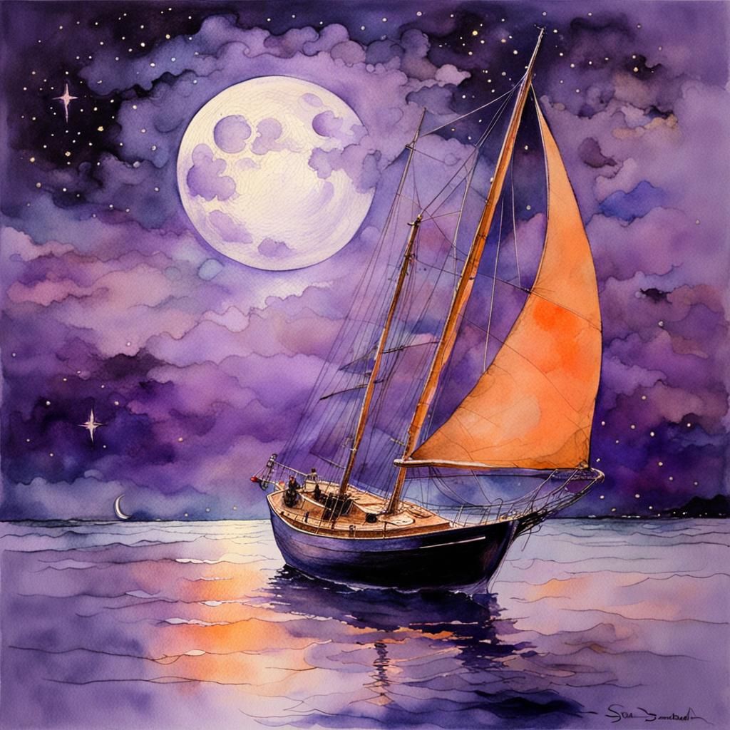 Purple Sailboat Under Orange Moon, Watercolor Style