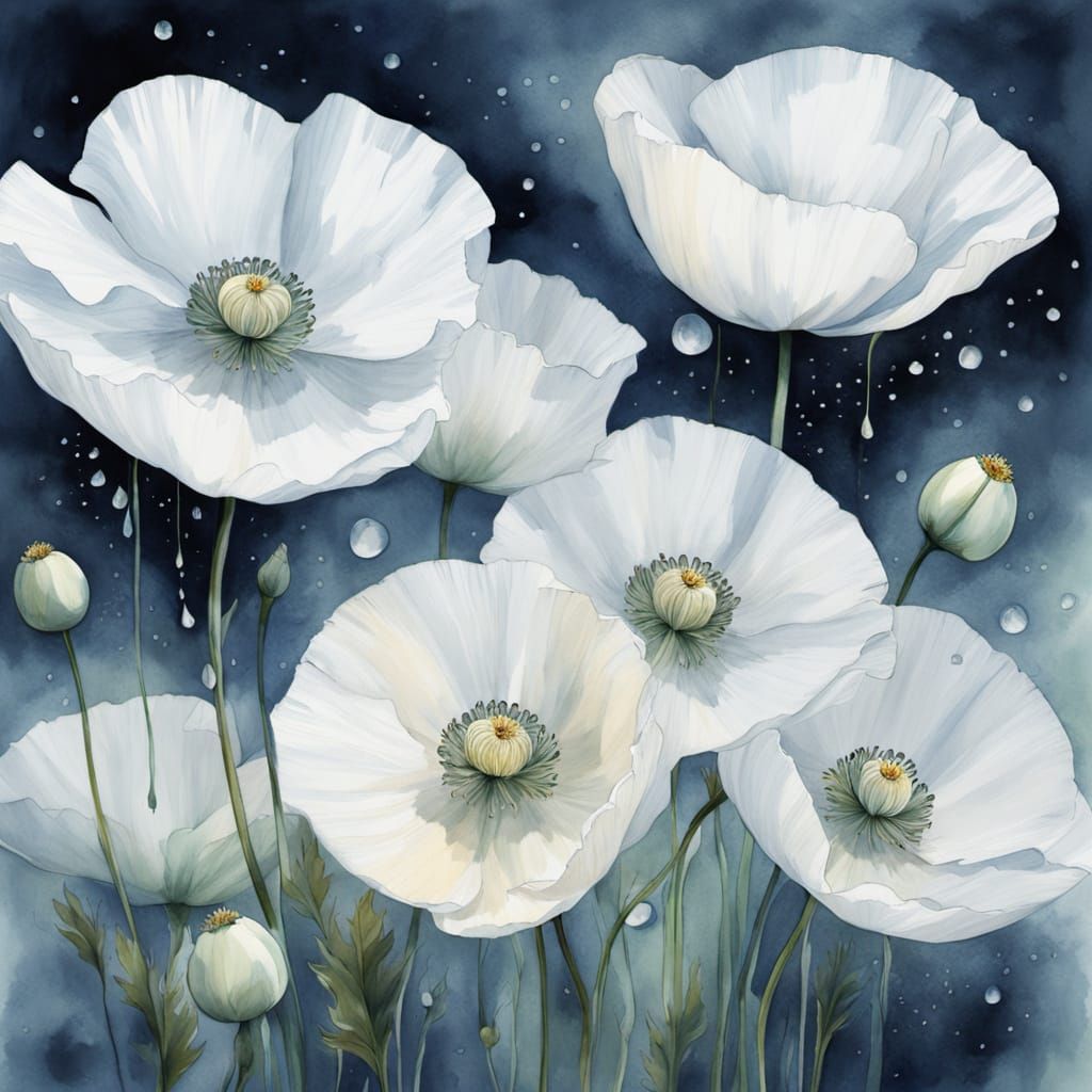 Dreamy Watercolor Poppies with Water Droplets