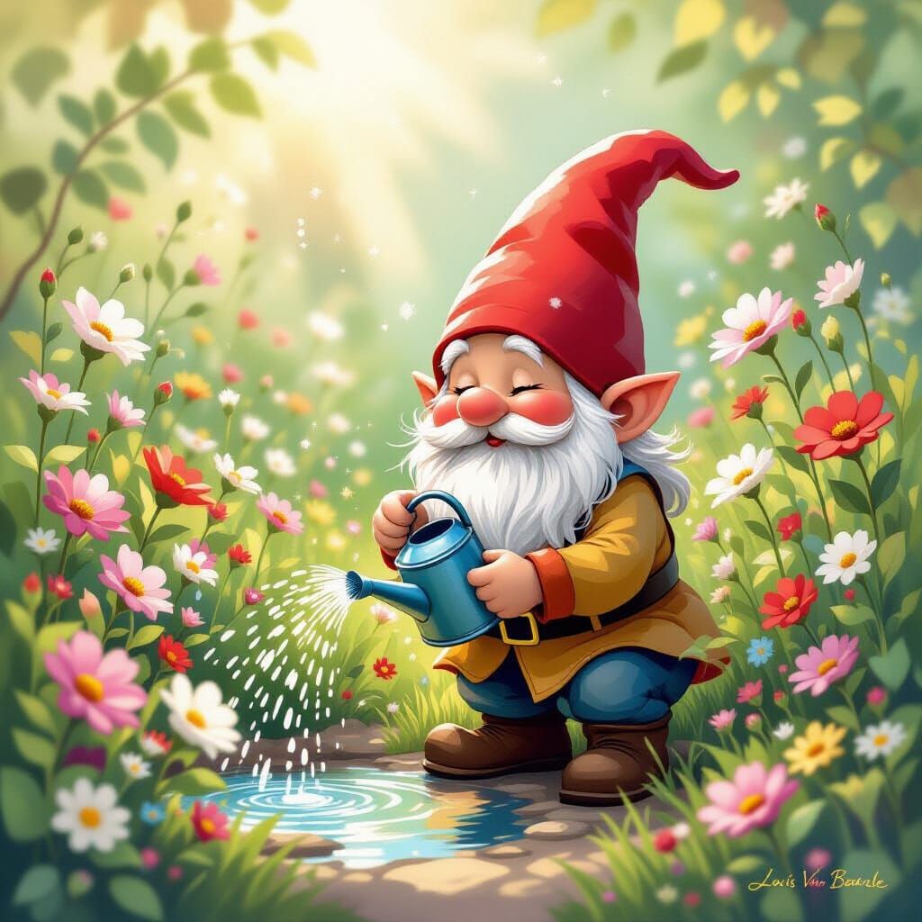 Gnome Gardener in Pastel Fantasy Garden