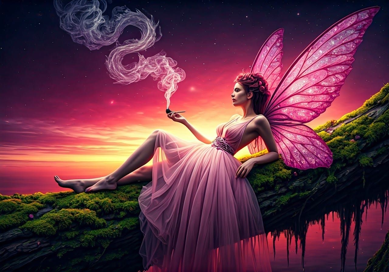 Fairy Smoking Pipe in Dreamy Impasto Sunset