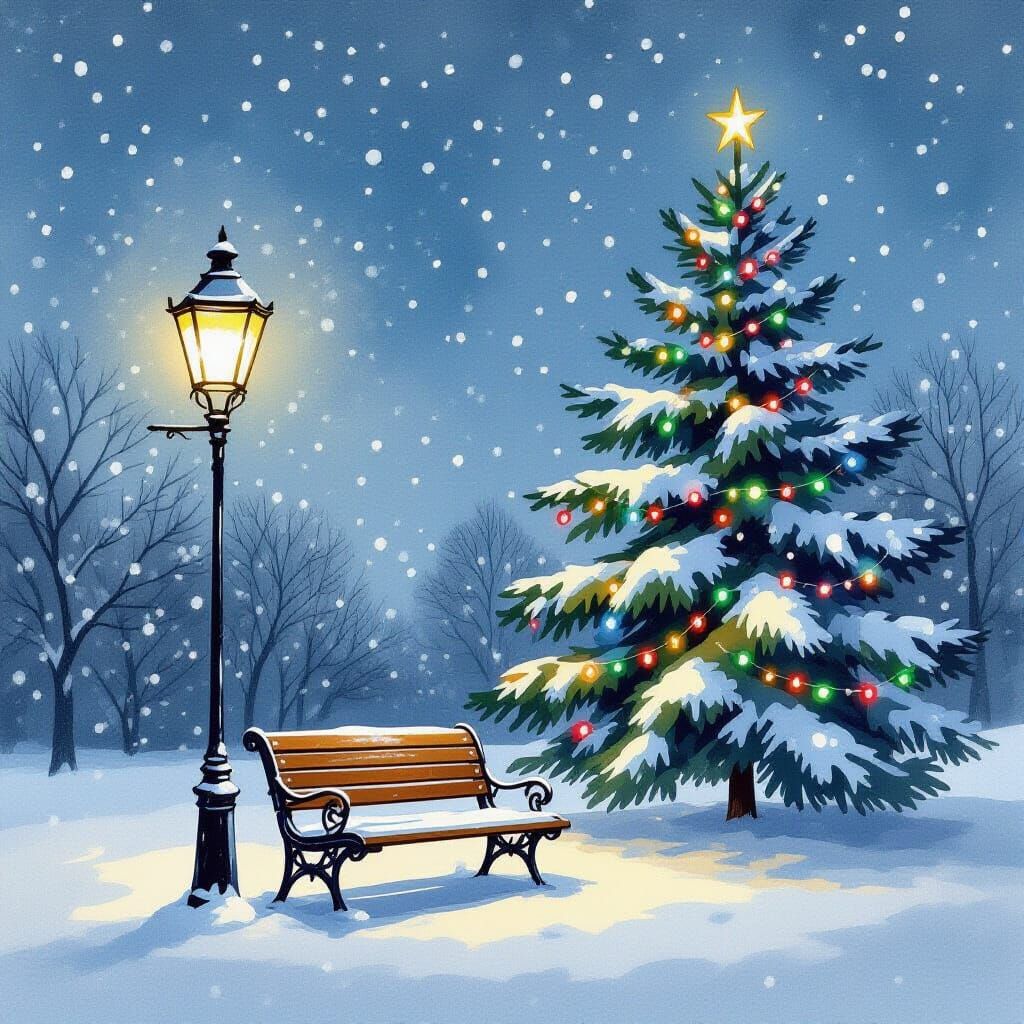 Snowy Night Scene with Bench, Watercolor Style