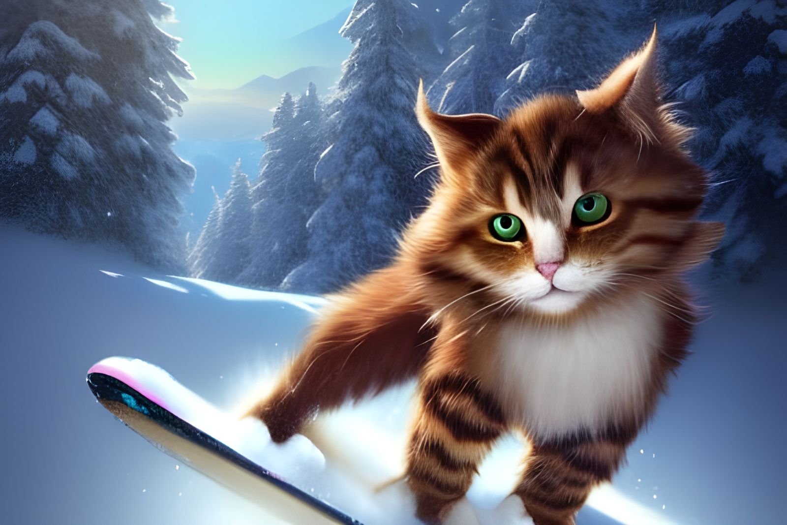 Cute Cat Snowboarding in the Alps: 3D Render