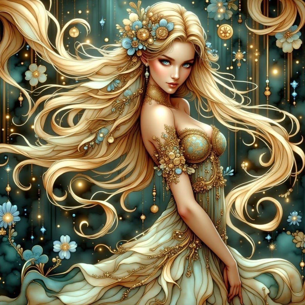 Ethereal Woman in Golden Gown, Pre-Raphaelite Style