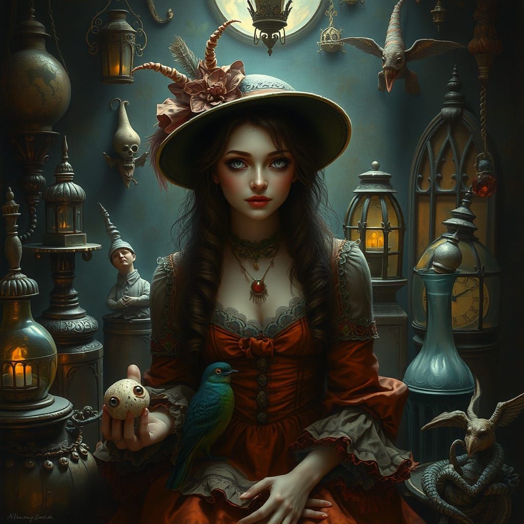 Whimsical Steampunk Woman in Enchanted Curiosity Chamber