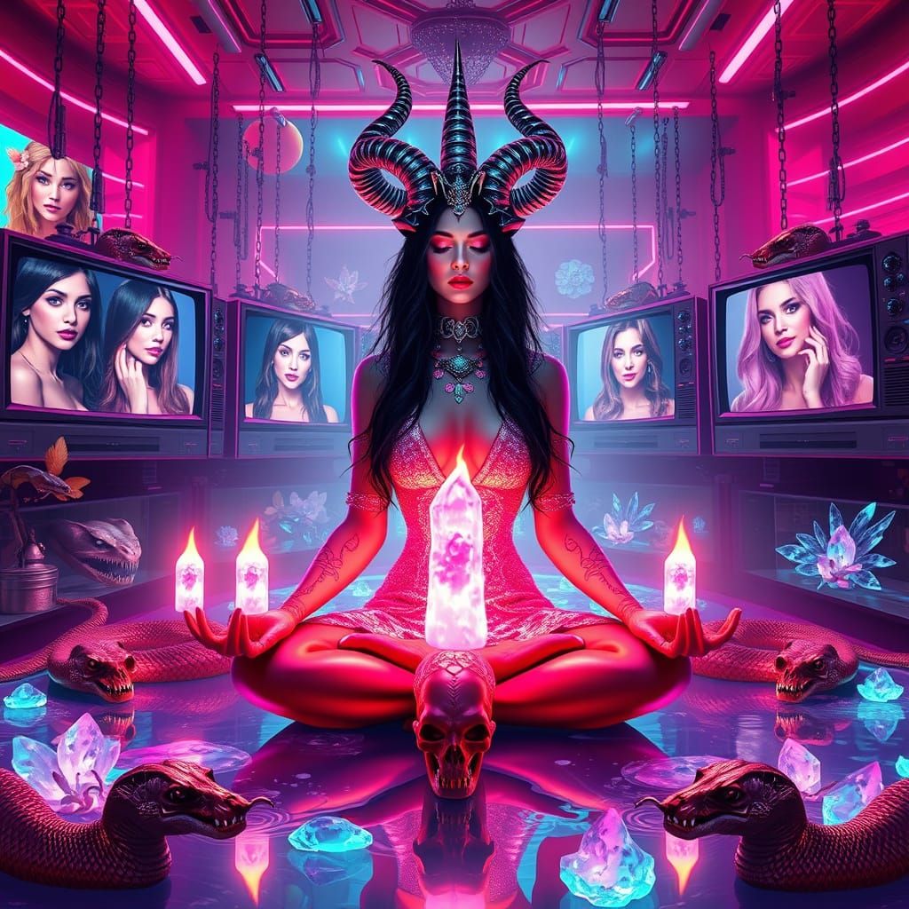 Futuristic Neon Lab With Chimeric Goddess and Holographic Fa...