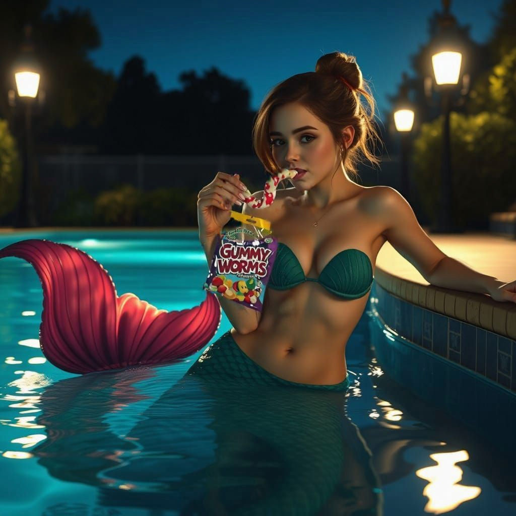 Mermaid in the Pool (Eating Gummy Worms)