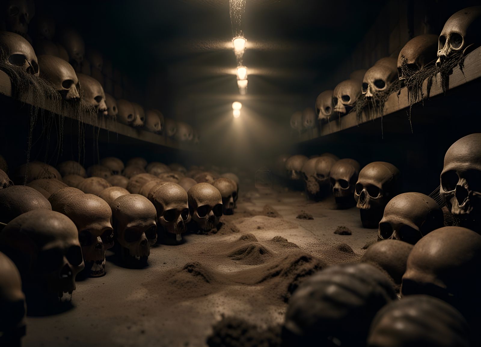 Creepy Skulls in Dark Catacombs with Spiderwebs