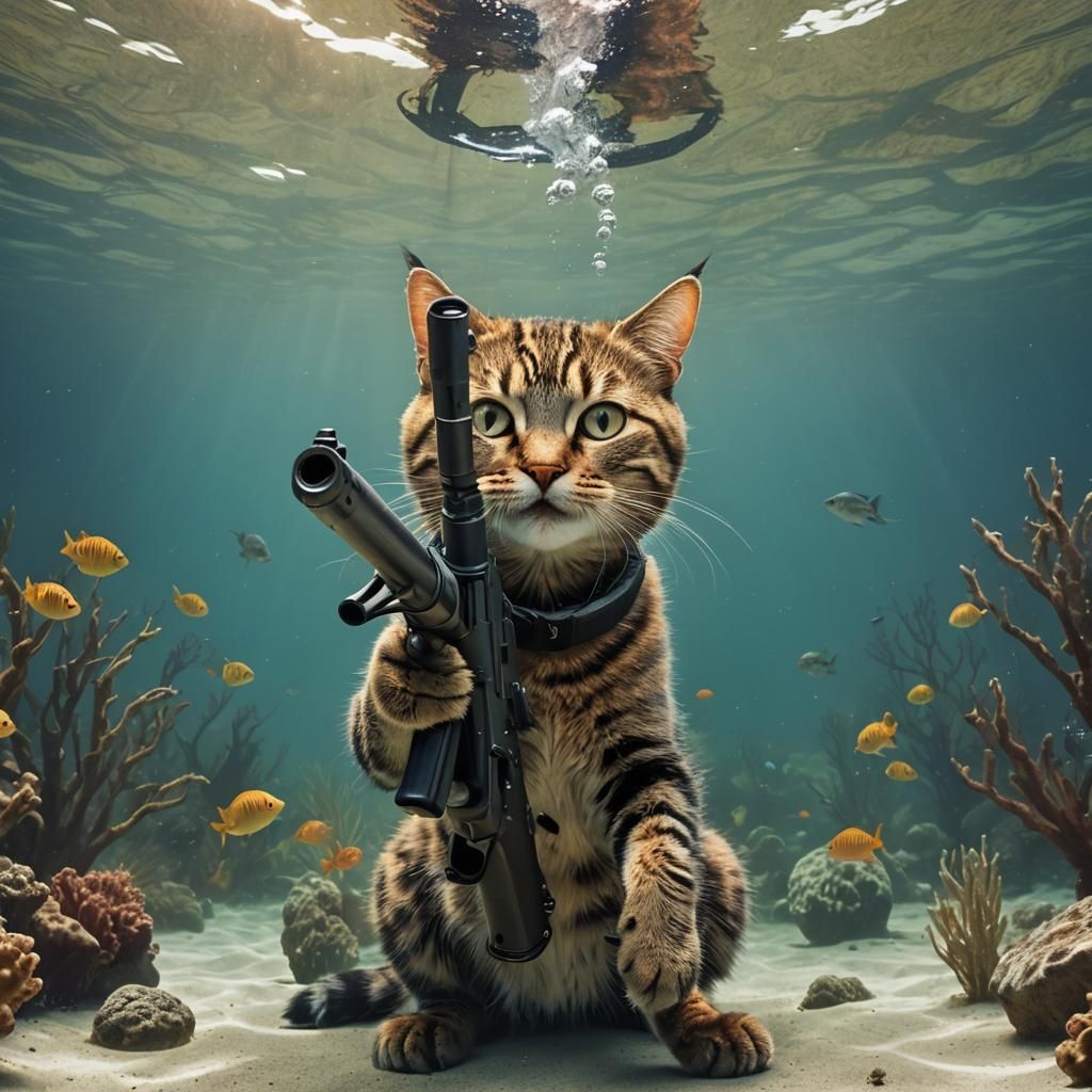 Cartoon Cat Hunter Smiling Underwater