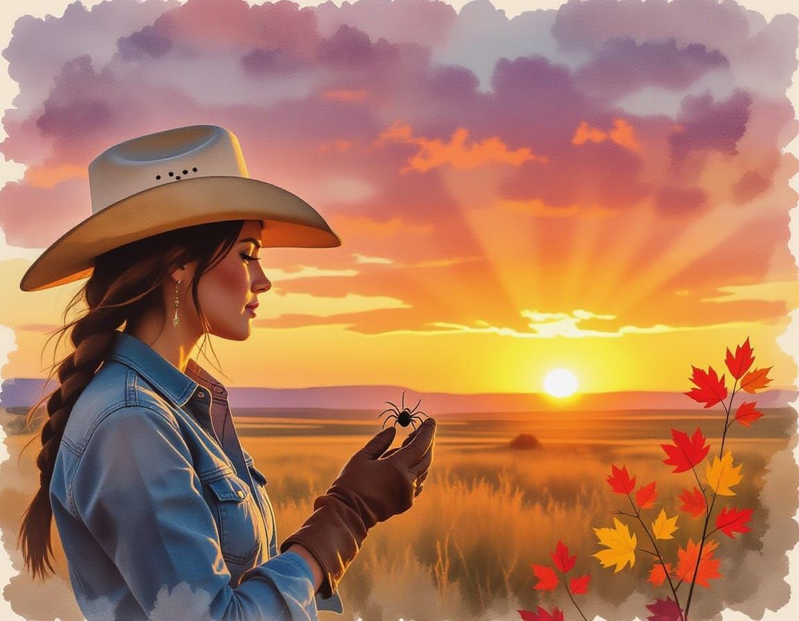 Cowgirl Watches Sunset Over Prairie in Watercolor Style