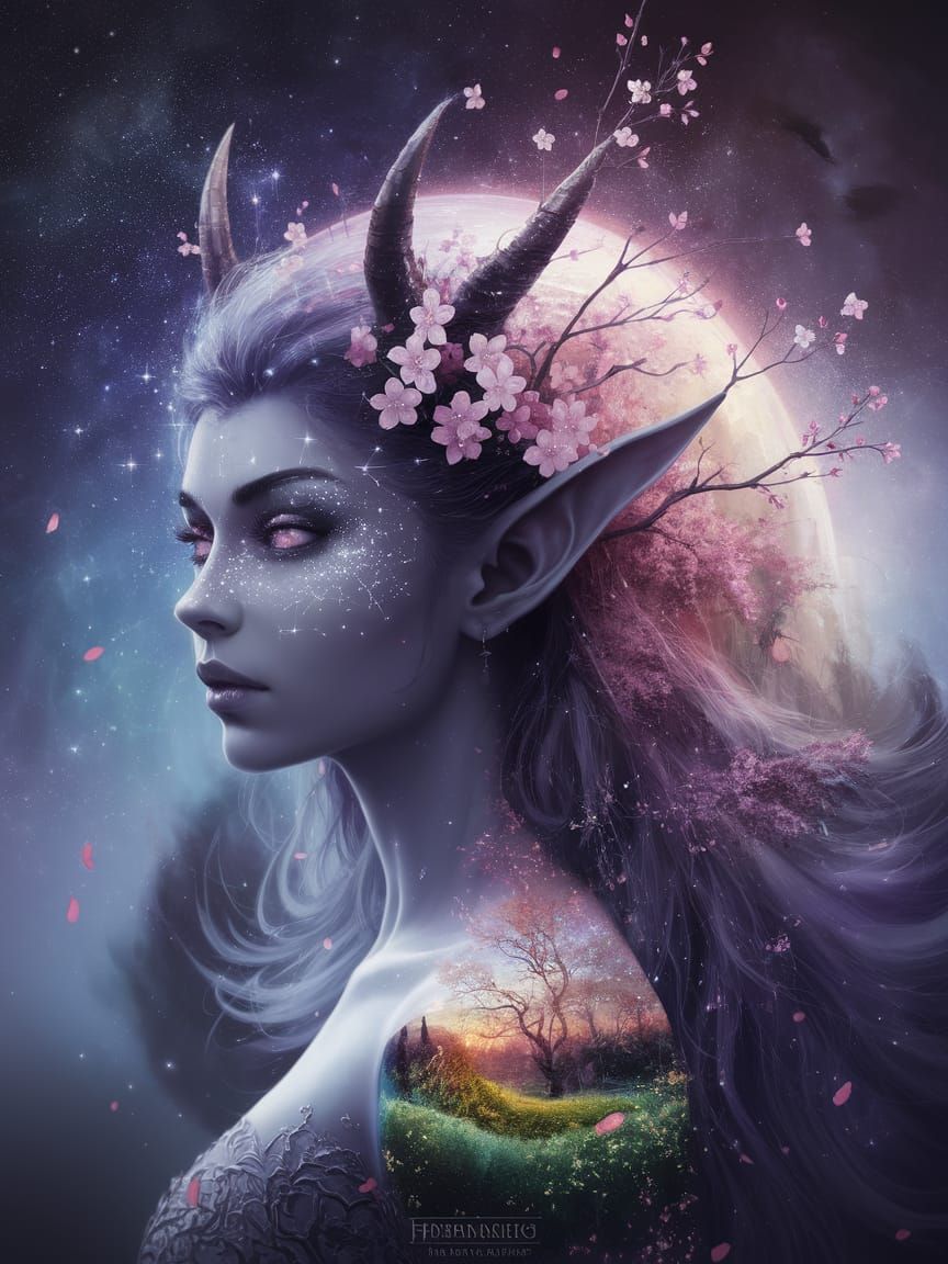 Surreal Tiefling Goddess Blends with Enchanted Forest in Cyb...