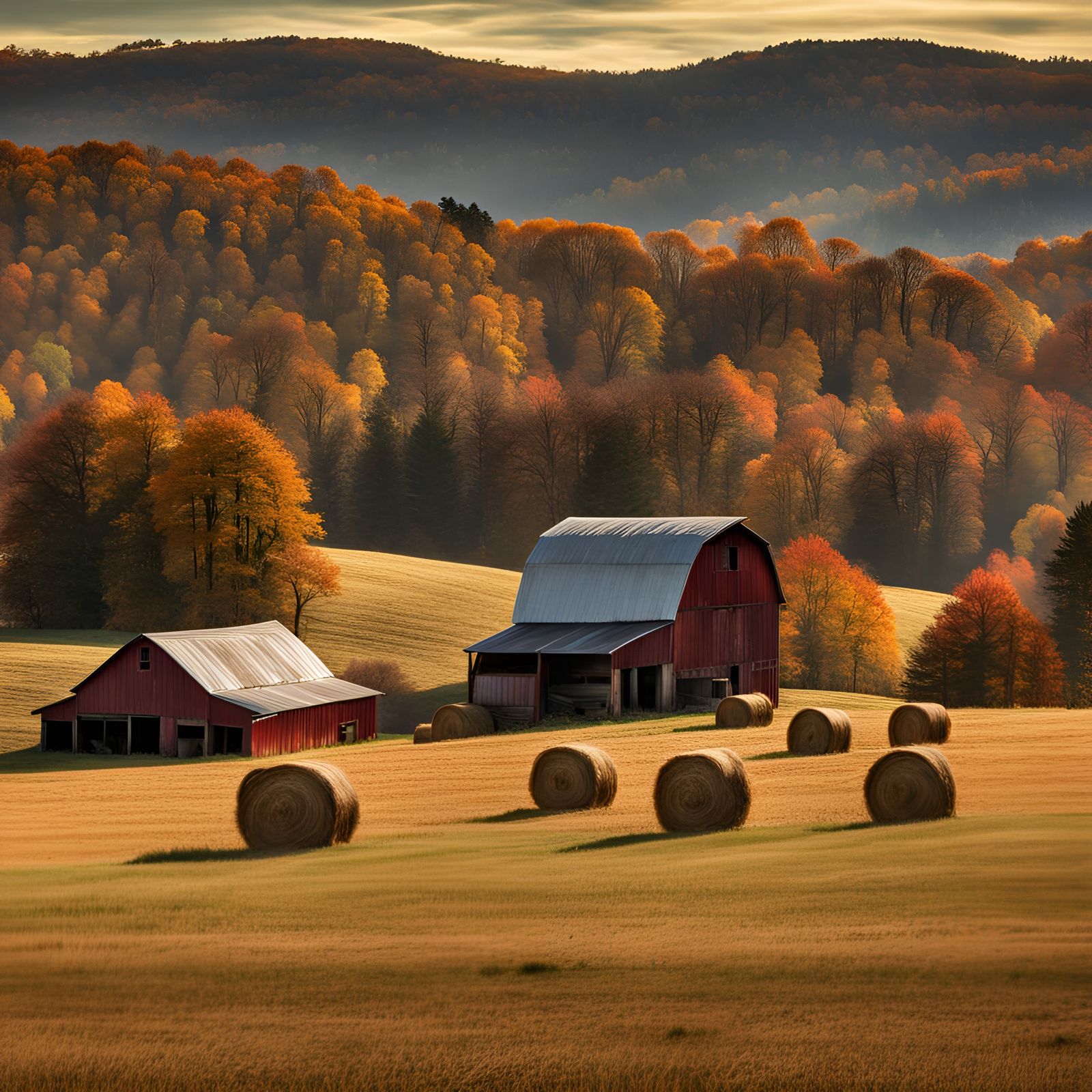 Hyperrealistic Fall Landscape with Hay Bales