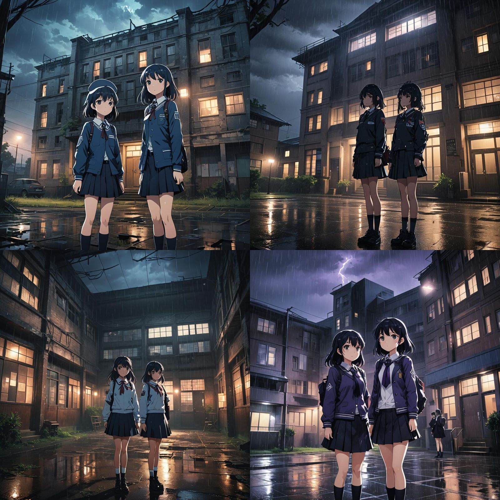 Glowing Girls in a Haunting School Setting at Night