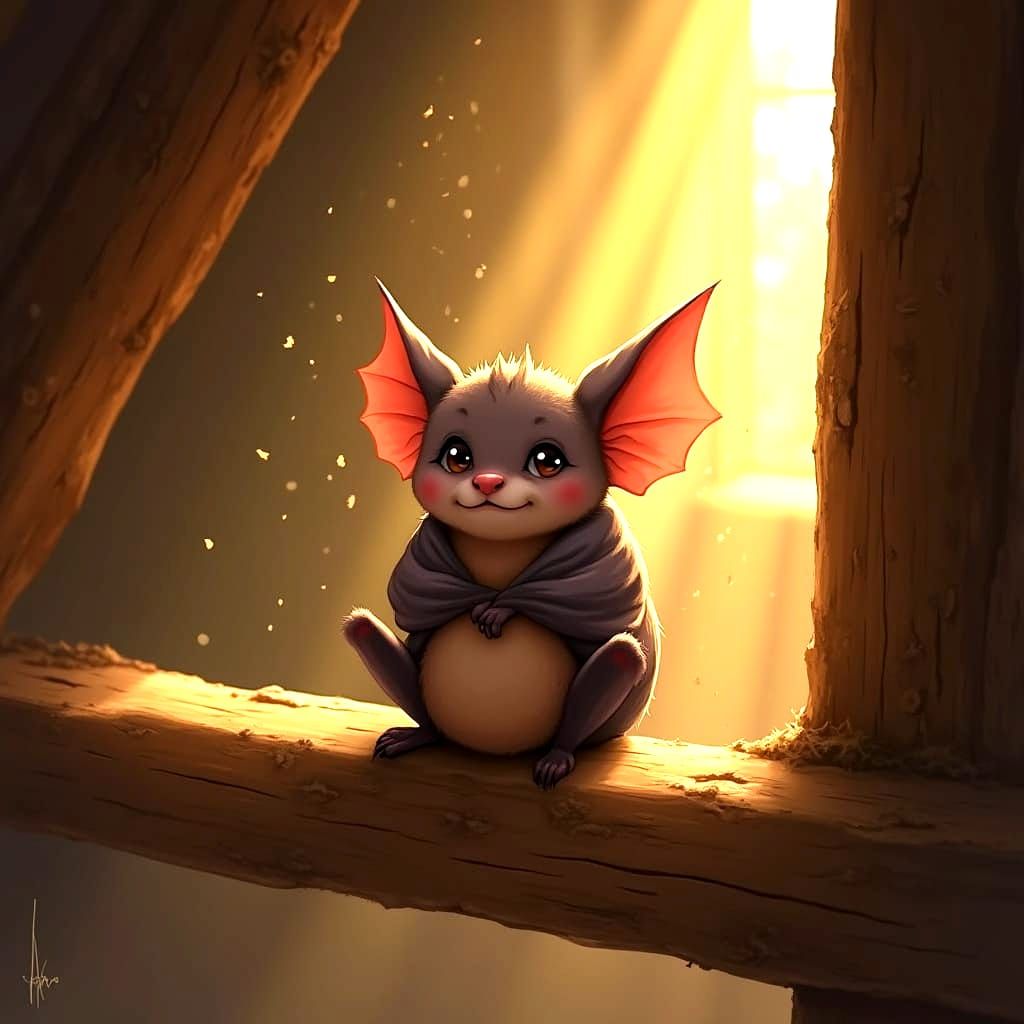 Cute Baby Bat on Barn Rafter with Dusty Light Beams