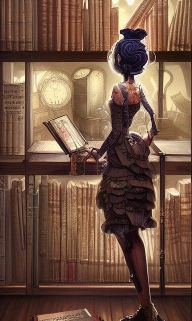 Steampunk Goddess Inventor in Elaborate Library