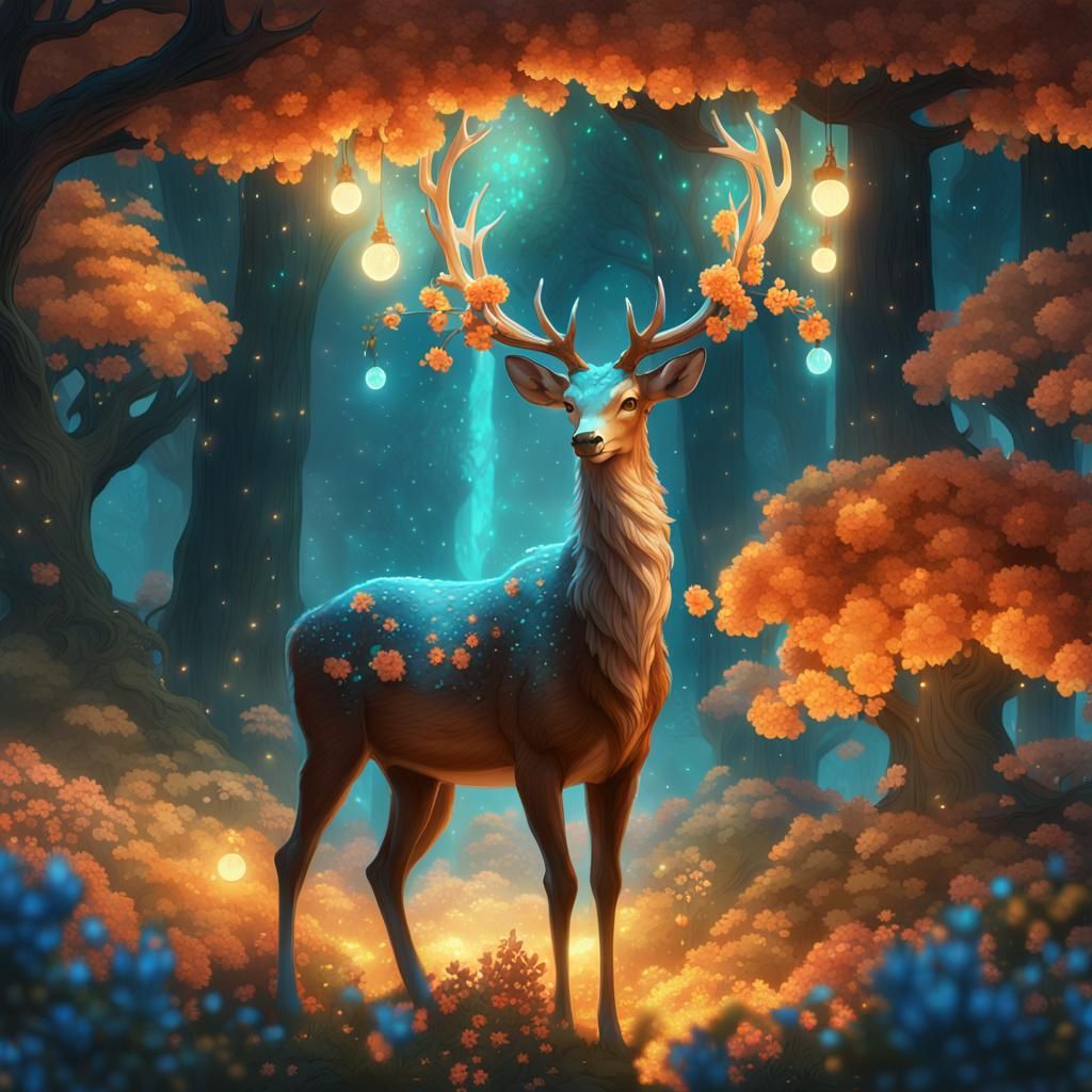 Magical Deer-Dragon in a Glowing Fantasy Forest