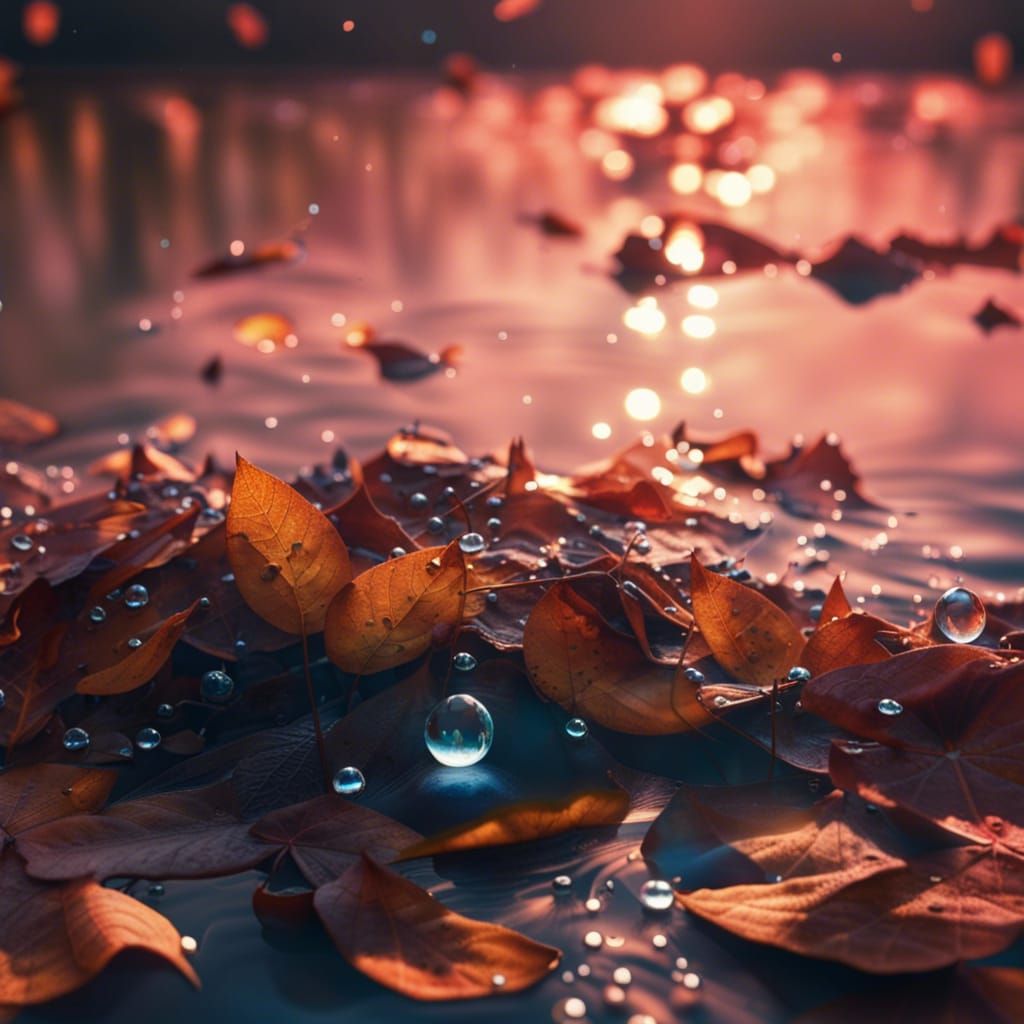 Golden Autumn Leaves in Blue Water: Hyperrealistic Macro
