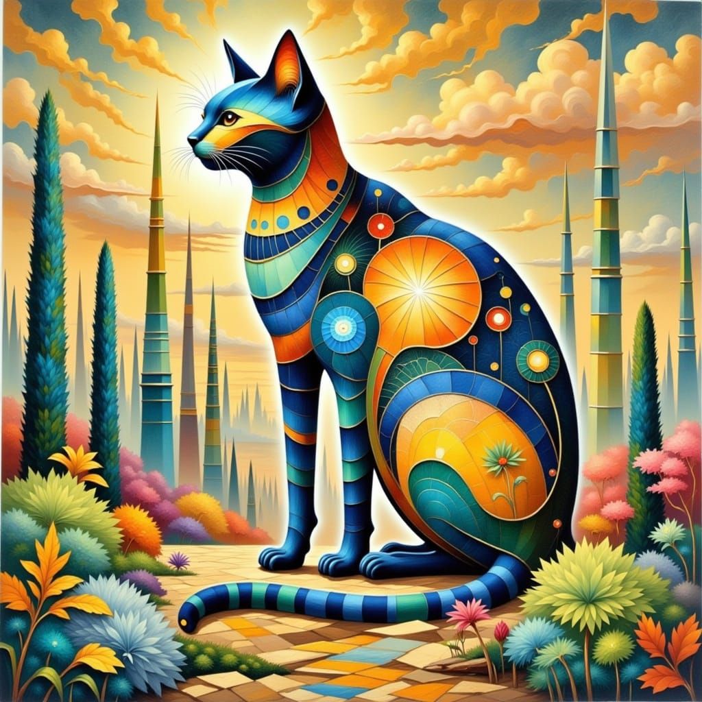 Egyptian Cat with Zentangle Patterns in Mystical City